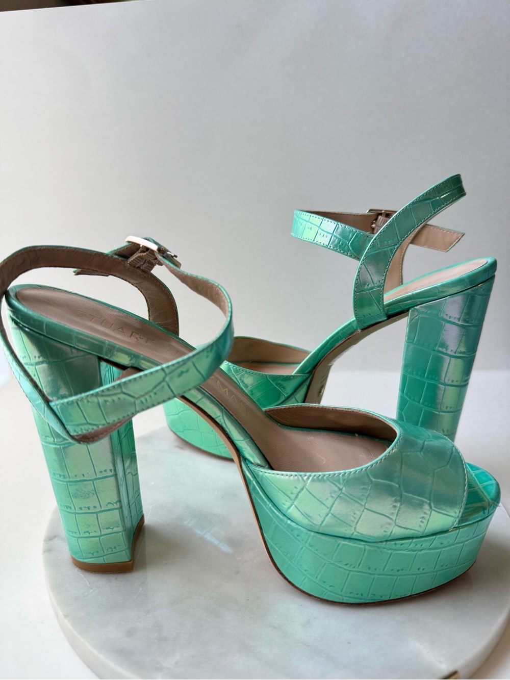 Stuart Weitzman Aqua Croc-Embossed Platform Sandals - Picture 7 of 16